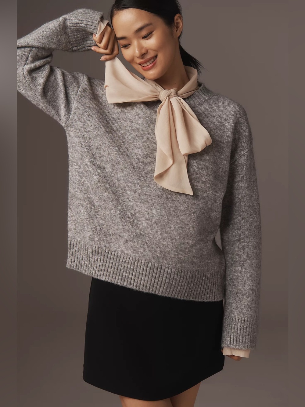 Anthro Endless Rose Women’s Cozy Grey Knit Tie- Neck Sweater Size Small NWT